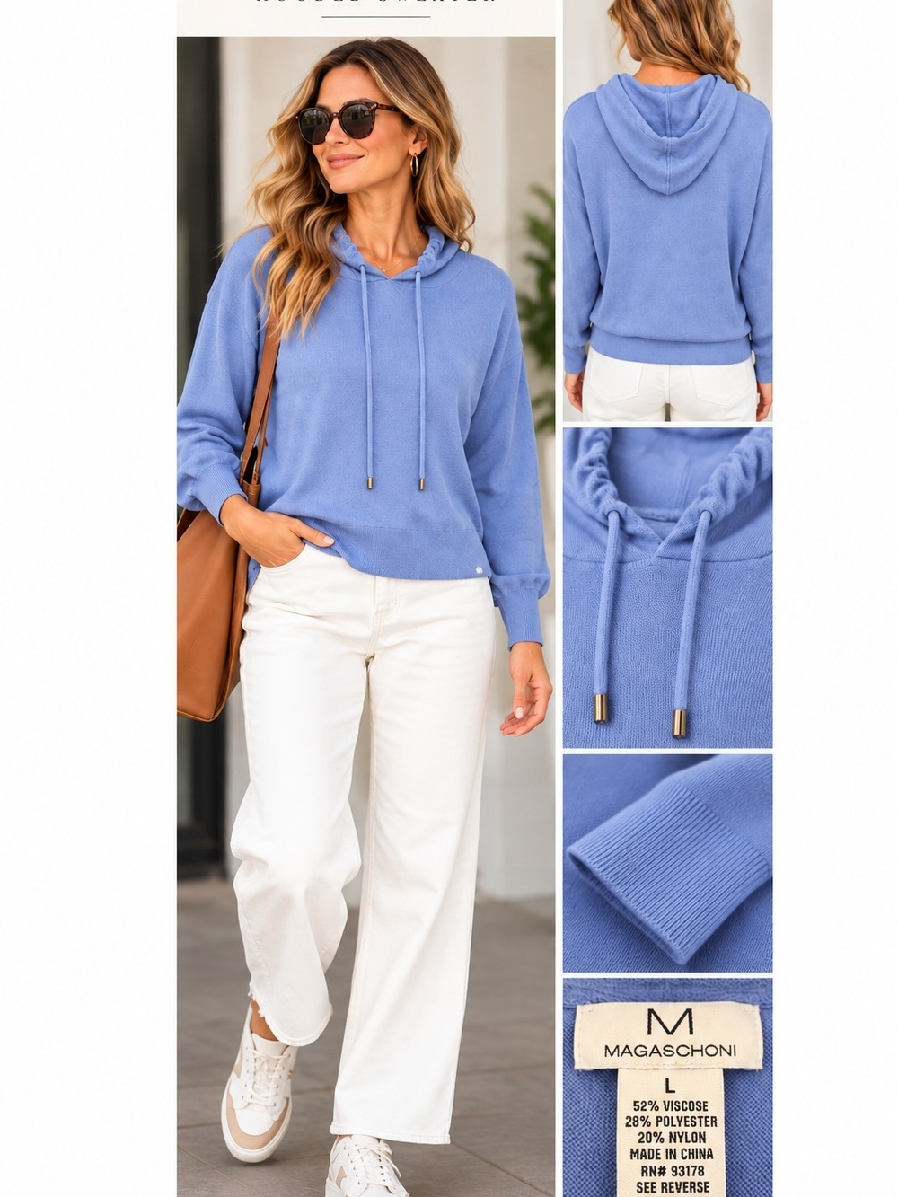 Magaschoni Light Blue Hooded Knit Pullover Sweater Size L | Style Inspiration